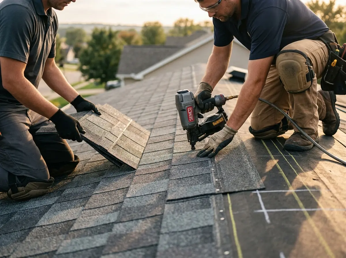 Professional roofer working on a residential roof in Chippewa Falls
